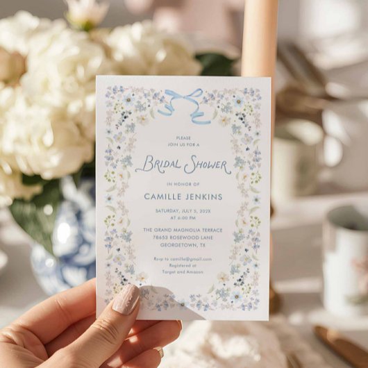 Watercolor Blue Floral Bridal Brunch Bow Invitatio Einladung