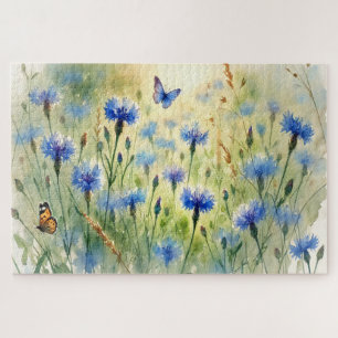 Watercolor Blue Floral Cornflower Deutschland Puzzle