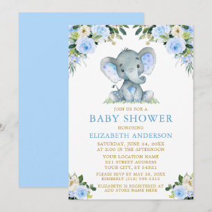 Watercolor Blue Floral Gold Baby Dusche Elephant Einladung