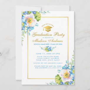 Watercolor Blue Floral Grad Party Gold Einladung