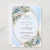 Watercolor Blue Floral Greenery Gold Wedding Invit Einladung (Vorderseite)
