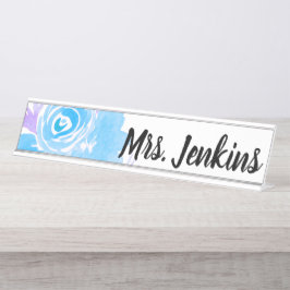 Watercolor Blue Floral Teachers Schreibtischnamensplakette