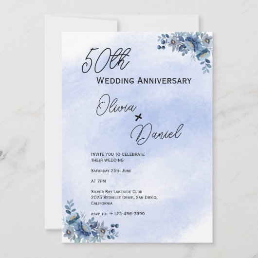 Watercolor Blue Floral Wedding Anniversary Einladung (Vorderseite)