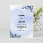Watercolor Blue Floral Wedding Invitation Einladung (Stehend Vorderseite)