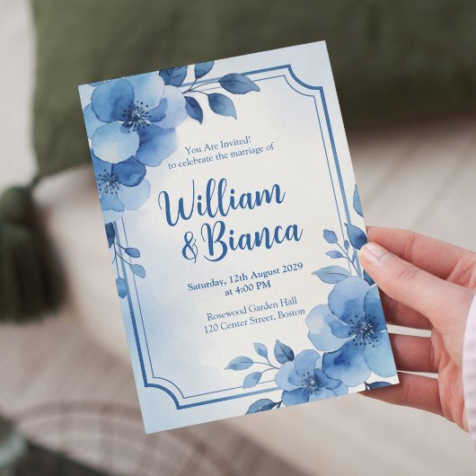 Watercolor Blue Floral Wedding Invitation Einladung