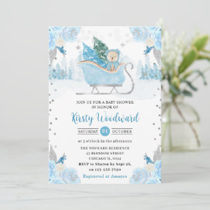 Watercolor Blue Floral Winter Bear Baby Dusche Einladung