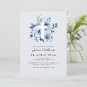 Watercolor blue florals Baptism invitation Einladung (Stehend Vorderseite)