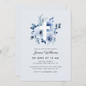 Watercolor blue florals Baptism invitation Einladung (Vorne/Hinten)