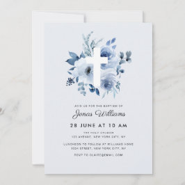 Watercolor blue florals Baptism invitation Einladung