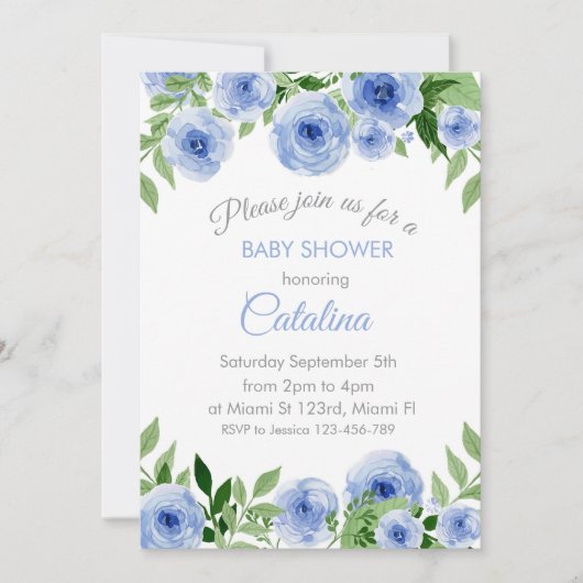 Watercolor Blue Flowers Baby Shower Invitation Einladung (Vorderseite)