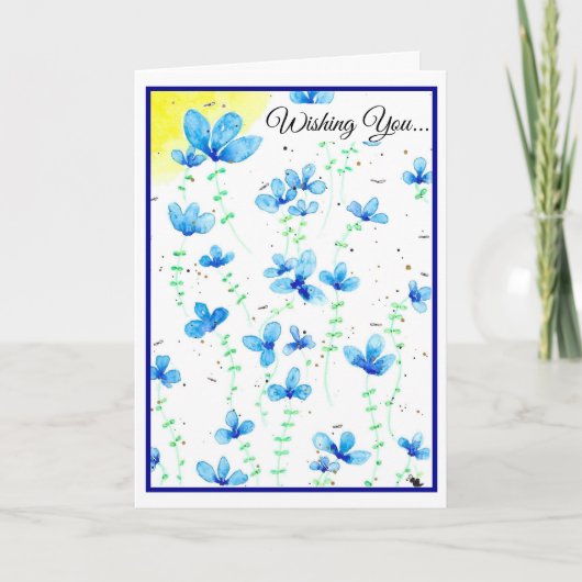Watercolor Blue Flowers Birthday Wishings Karte (Vorderseite)