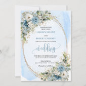 Watercolor Blue Flowers Eucalyptus Gold Wedding  Einladung (Vorderseite)