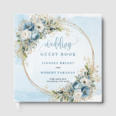 Watercolor Blue Flowers Gold Wedding Sign In Book Gästebuch (Vorderseite)