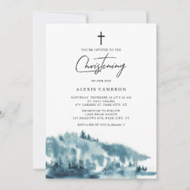 Watercolor Blue Forest Winter Christening Einladung