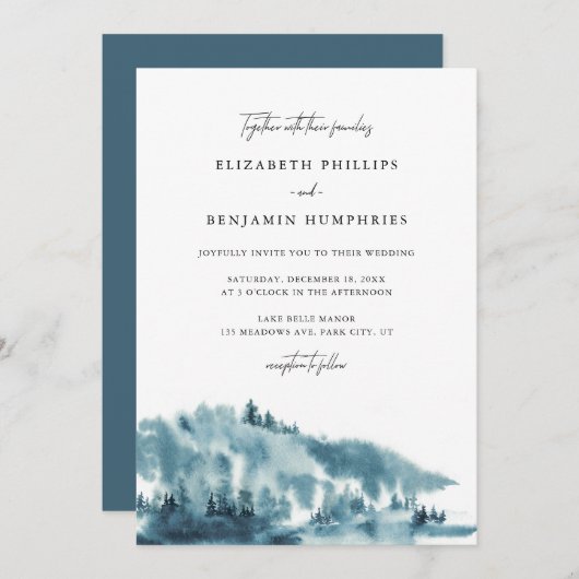Watercolor Blue Forest Winter Wedding Einladung (Vorne/Hinten)