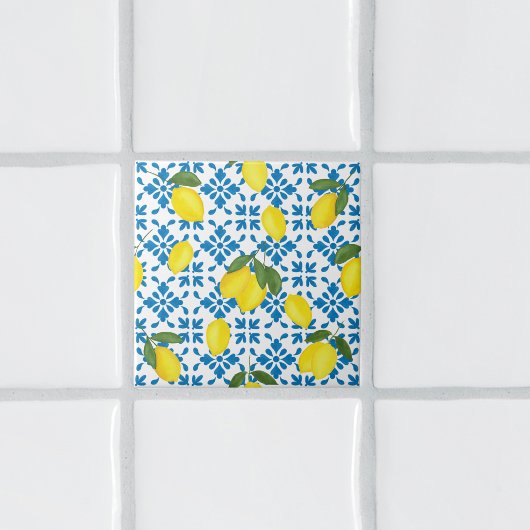 Watercolor Blue French Country Lemon Pattern Tile Fliese