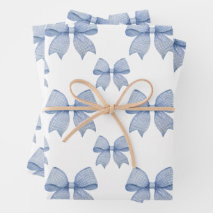 Watercolor Blue Gingham Bow Geschenkpapier Set