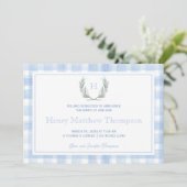 Watercolor Blue Gingham Laurel Wappen Ankündigung (Stehend Vorderseite)