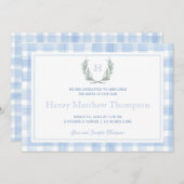 Watercolor Blue Gingham Laurel Wappen Ankündigung (Vorne/Hinten)