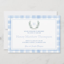 Watercolor Blue Gingham Laurel Wappen Ankündigung