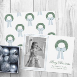 Watercolor Blue Gingham Sash Wreath Foto Feiertagskarte