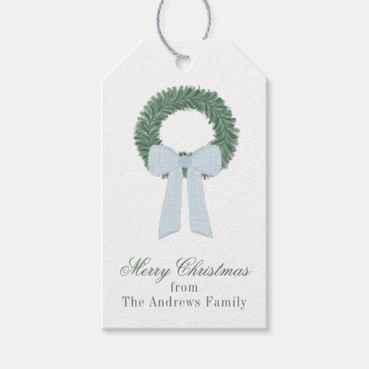 Watercolor Blue Gingham Sash Wreath Geschenkanhänger (Vorderseite)