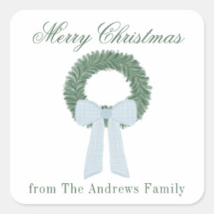 Watercolor Blue Gingham Sash Wreath Quadratischer Aufkleber