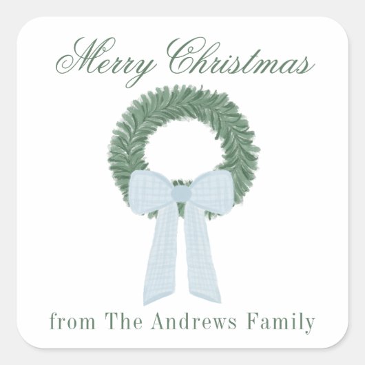 Watercolor Blue Gingham Sash Wreath Quadratischer Aufkleber (Vorderseite)