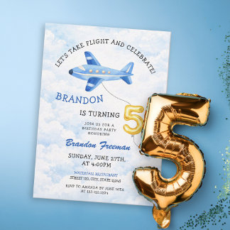 Watercolor Blue & Gold Airplane 5th Birthday Einladung