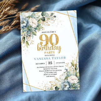 Watercolor Blue Gold Glow 90th Birthday Invitation Einladung