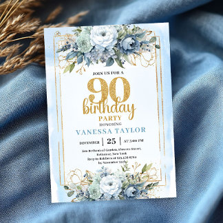 Watercolor Blue Gold Glow 90th Birthday Invitation Einladung