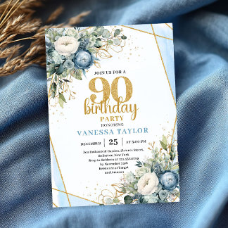 Watercolor Blue Gold Luxe 90th Birthday Invitation Einladung