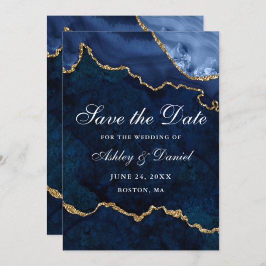 Watercolor Blue Gold Marble Agate Geode Save The Date (Vorne/Hinten)