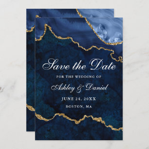 Watercolor Blue Gold Marble Agate Geode Save The Date
