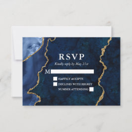 Watercolor Blue Gold Marble Agate Geode Wedding RSVP Karte