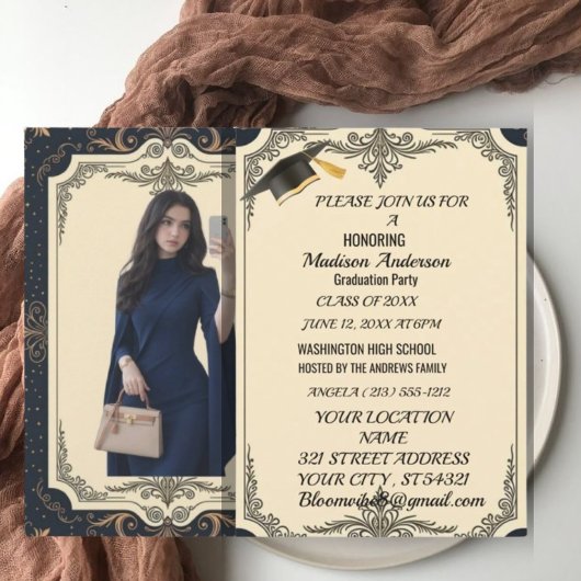 Watercolor Blue Gold Marble Agate Graduation Party Karte