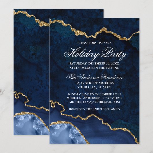 Watercolor Blue Gold Marble Geode Holiday Party Einladung (Vorne/Hinten)