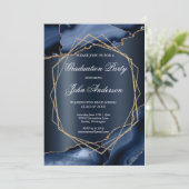 Watercolor Blue Gold Marble Graduation Party Einladung (Stehend Vorderseite)