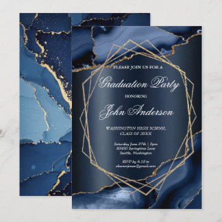 Watercolor Blue Gold Marble Graduation Party Einladung