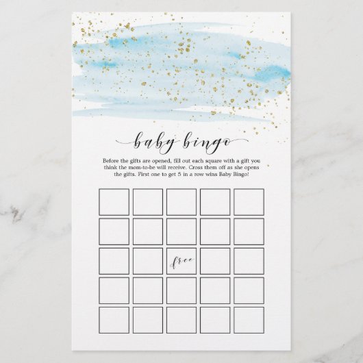 Watercolor Blue & Gold Sparkle Baby Bingo Game (Vorderseite)