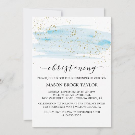 Watercolor Blue & Gold Sparkon Christening Einladung (Vorderseite)