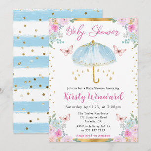 Watercolor Blue Gold Spring Umbrella Baby Dusche Einladung