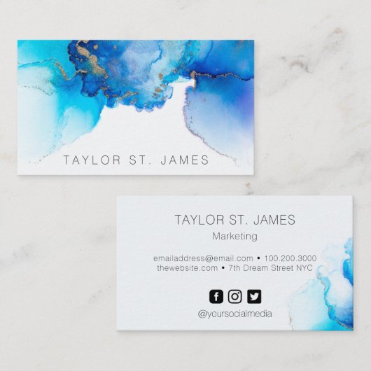 Watercolor Blue Gold Visitenkarte (Vorne/Hinten)
