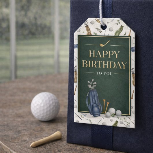 Watercolor Blue Green Golf Pattern Happy Birthday Geschenkanhänger
