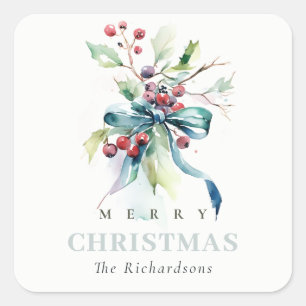 Watercolor Blue Green Winter Berries Weihnachten Quadratischer Aufkleber