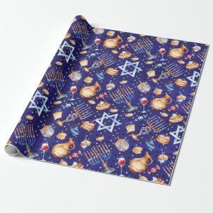 Watercolor Blue Hanukkah Chanukah Gold Geschenkpapier