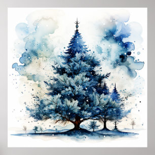 Watercolor Blue Holiday Christmas Trester Poster