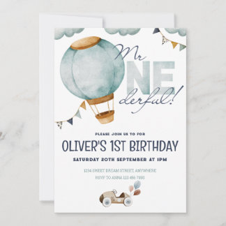 Watercolor Blue Hot Air Ballon Mr ONEderful Boy Einladung