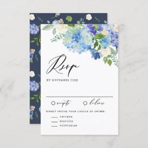 Watercolor Blue Hydrangea Floral Bouquet Wedding RSVP Karte