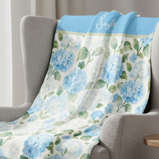 Watercolor Blue Hydrangea Floral Name Fleecedecke